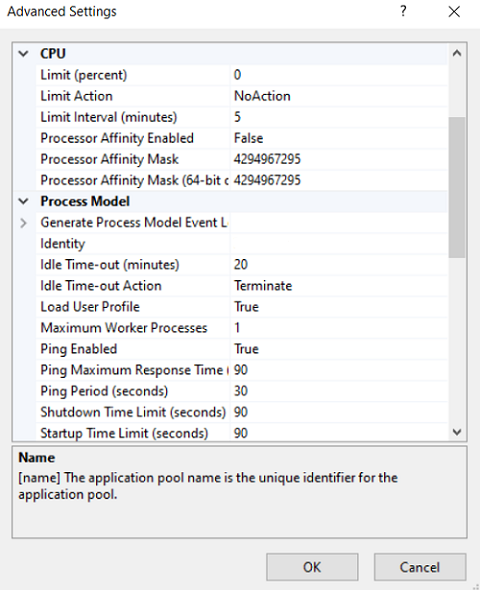 Picture showing the Idle Time-out property in the IIS Manager Advance Settings Dialog Box. 